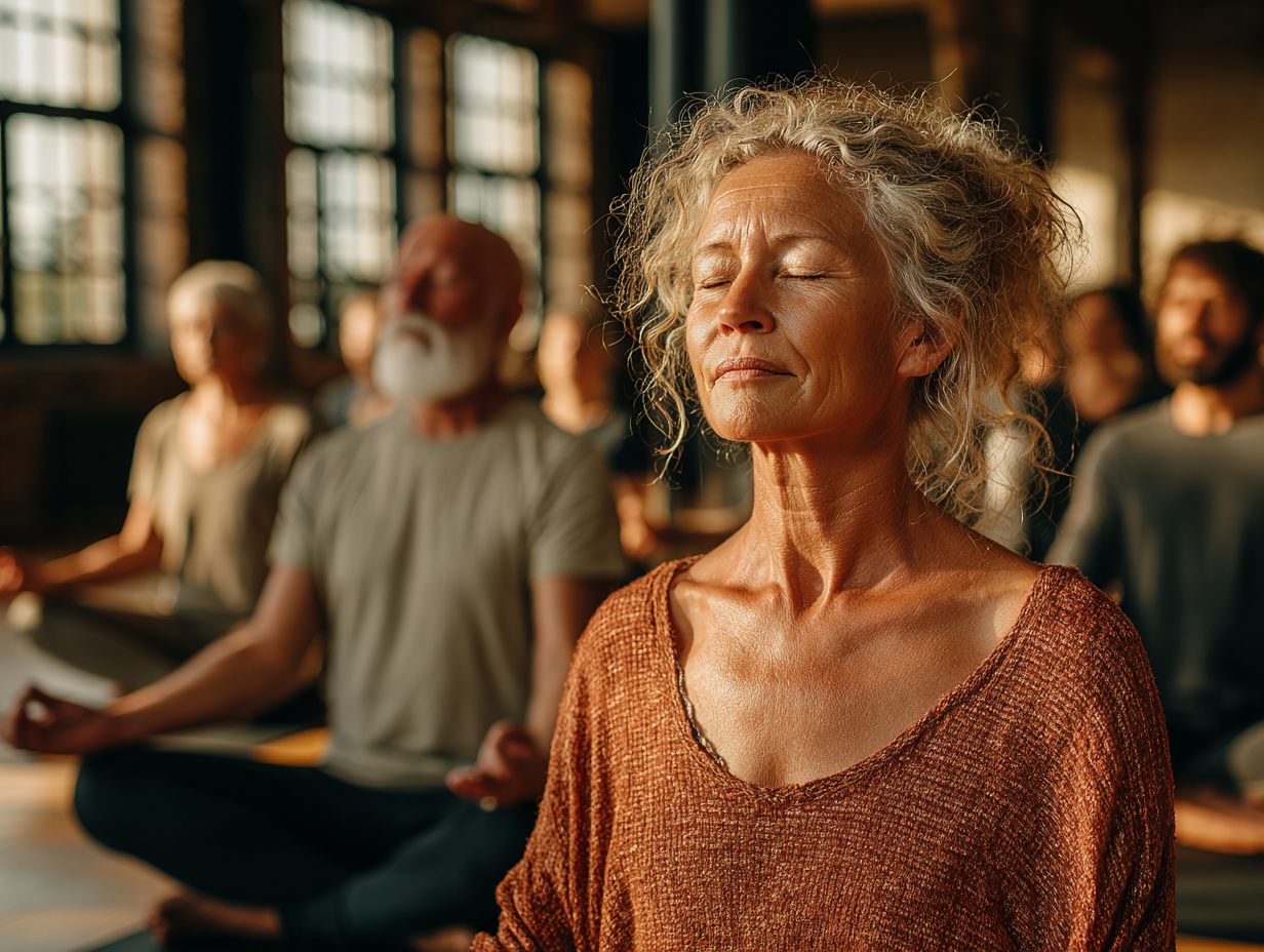 Група людей середнього віку на заняттях йогою